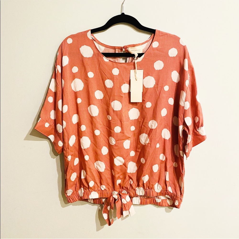 Melloday | Polka Dot Drawstring Hem Blouse Mauve - Picture 3 of 6
